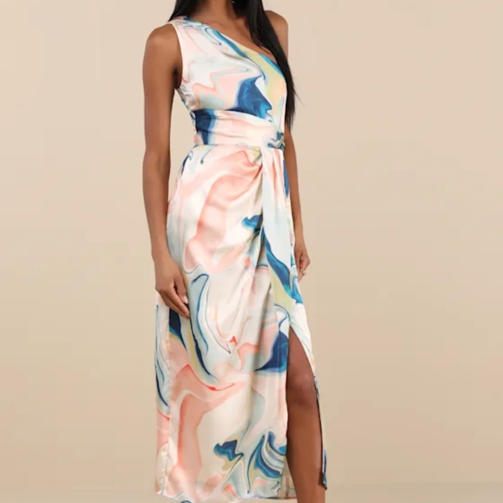 Lulu's Rema Elegant One-Shoulder Multicolor Watercolor Dress - Picture 3 of 5